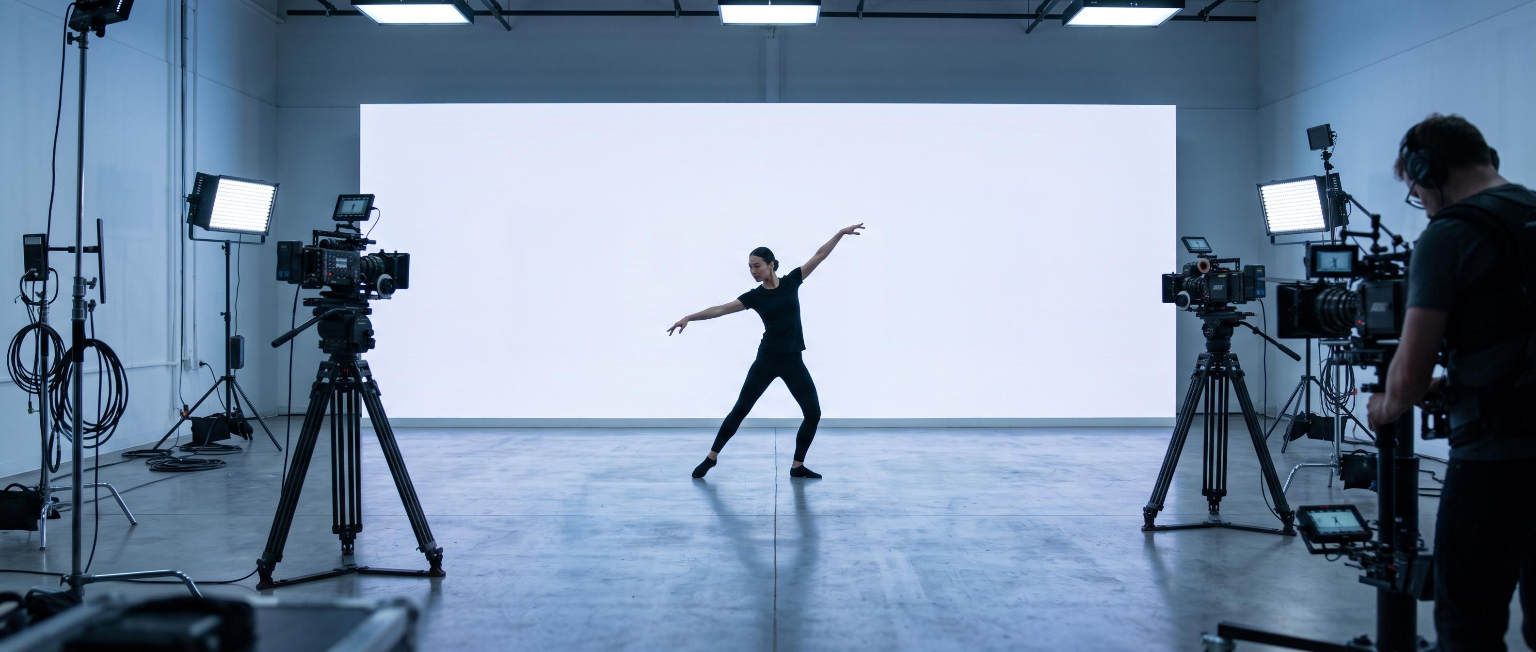 Dancer mid-pose in a bright studio, surrounded by cinema cameras and lights